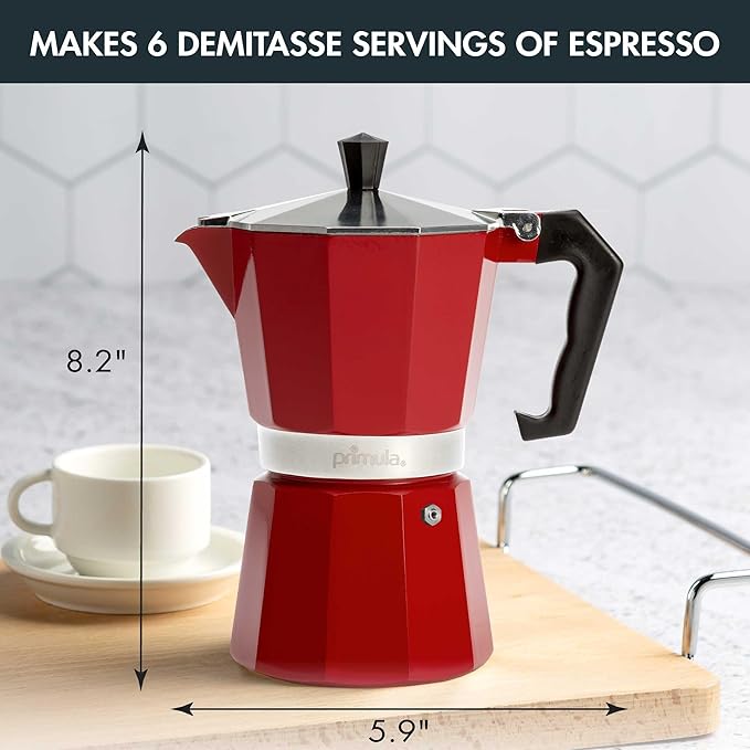 Primula Classic Stovetop Espresso and Coffee Maker, Moka Pot for Italian and Cuban Café Brewing, Greca Coffee Maker, Cafeteras, 6 Espresso Cups, Red