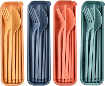 Camping Utensil Set, Reusable Utensils Set with Case, Plastic Cutlery Set Forks Spoon Tableware Chopsticks, Portable Cutlery Set for Travel Picnic Camping or Daily Use (Dark Color-4)
