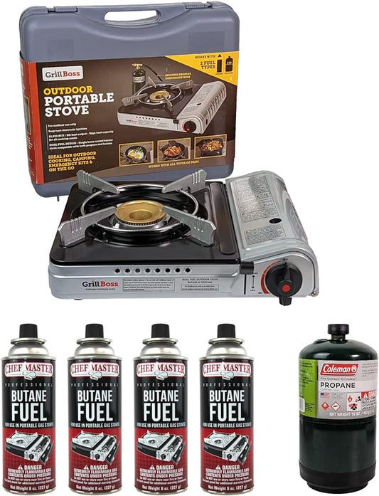 Dual Fuel Portable Stove, Butane & Propane Portable Camping Stove, 12K BTU Camp Stove with 4 x 8 oz. Tins Fuel, Dual Fuel Butane and Propane Stove for Emergencies & Outdoor Cooking by Grill Boss 90057