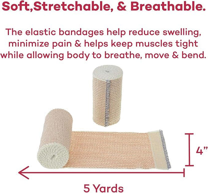 Dealmed 4" Elastic Bandage Wrap with Self-Closure – 10 Elastic Bandages, 5 Yards Stretched Compression Bandage Wrap, Wound Care Product for First Aid Kit and Medical Facilities