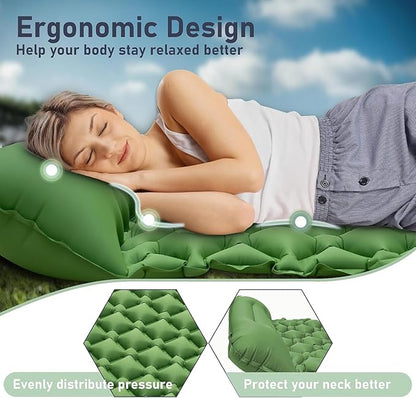 Camping Sleeping Pad with Compass, Ultralight Inflatable Sleeping Mat with Pillow, Built-in Foot Pump, Portable Camping Air Mattress for Backpacking Hiking Traveling Tent(Green)