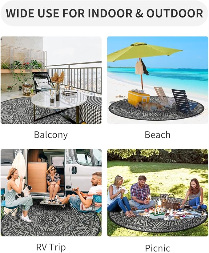 MontVoo Outdoor Rug Carpet Waterproof Round 6ft Outdoor Patio Rug Mat Reverisble Plastic Straw Outdoor Rug for RV Camping Picnic Beach Balcony Boho Grey