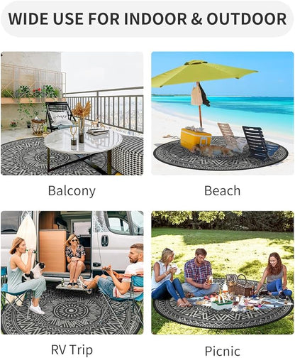 MontVoo Outdoor Rug Carpet Waterproof Round 6ft Outdoor Patio Rug Mat Reverisble Plastic Straw Outdoor Rug for RV Camping Picnic Beach Balcony Boho Grey