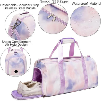 Sports Gym Bag for Girls Dance Bag for Girls Teen Travel Duffel Bags Waterproof Overnight Duffel Bag with Shoe Compartment Ballet Gym Bag Purple