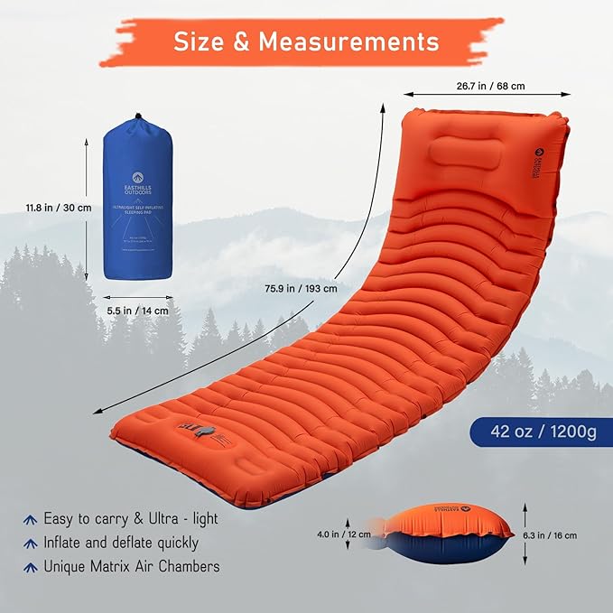 Easthills Outdoors Camping Sleeping Pad - 4.0 Inch Thick Ultralight Camping Mattress - Lightweight Self Inflating Sleeping Pad for Camping, Hiking, Backpacking Orange/Blue
