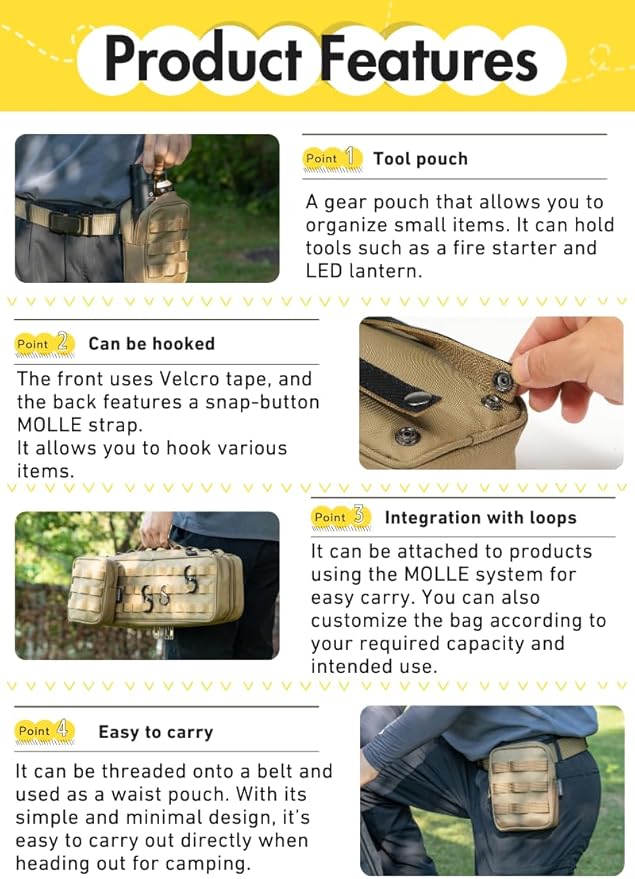 CAMPINGMOON Tactical Molle EDC Pouch L 4.9'' x W 2.4'' x H 6.7'' Camping Storage Side Pocket for Table Chair Cot Field Rack Coyote BG-15