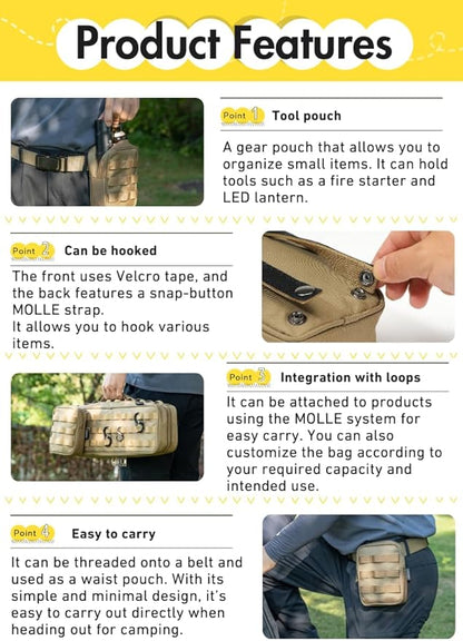 CAMPINGMOON Tactical Molle EDC Pouch L 4.9'' x W 2.4'' x H 6.7'' Camping Storage Side Pocket for Table Chair Cot Field Rack Coyote BG-15