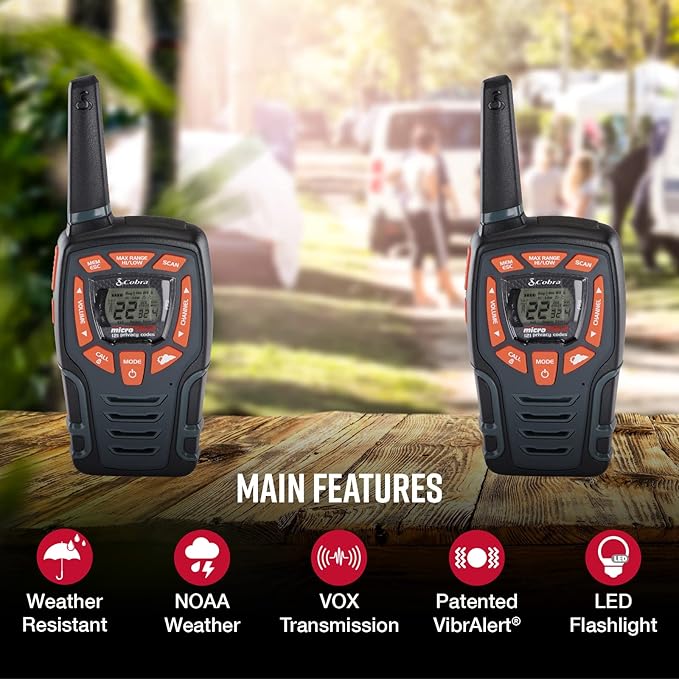 Cobra ACXT545 Weather Resistant Walkie Talkies for Adults with Compatible Cobra Surveillance Headset Microphone: Rechargeable, 22 Channels, Long Range, 2 Two-Way Radio’s, 2 Headsets, Black/Orange