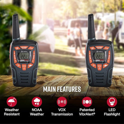 Cobra ACXT545 Weather Resistant Walkie Talkies for Adults with Compatible Cobra Surveillance Headset Microphone: Rechargeable, 22 Channels, Long Range, 2 Two-Way Radio’s, 2 Headsets, Black/Orange