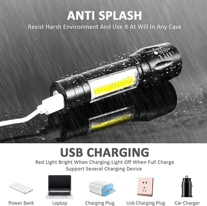 Led Flashlight Rechargeable USB Torch Mini Small Light Super Bright Handheld Tiny Portable Pocket Flash Light with COB Side Searchlight High Lumens Zoomable Emergency Camping Accessories 2 Pack