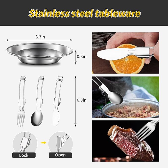 Camping Cooking Set,Camping Cookware Mess Kit,304 Stainless Steel Camping Pot and Pan Set with Kettle Cups Plates Forks Knives Spoons for Camping, Picnic, RVs for 2 People