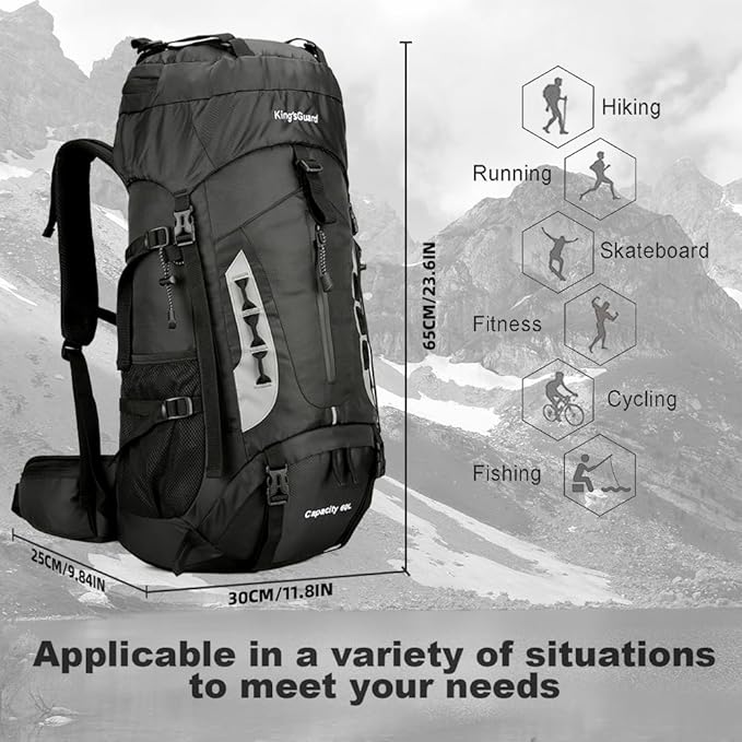 King'sGuard 60L Hiking Backpack Men Women Camping Backpack Waterproof Backpacking Mountaineering Climbing Daypack with Rain Cover (Black)