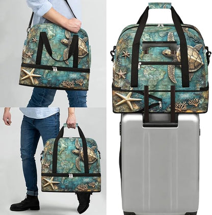 Foldable Travel Duffel Bag, Expandable Weekender Overnight Carry on Bags with Shoe Compartment Sport Tote Gym Luggage for Women Men, Turtle