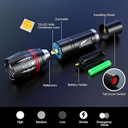 HAUSBELL T8 Upgraded LED Flashlight Bright, Zoomable Tactical LED Flashlights Flash Light with High Lumens and Five Modes and Camping Accessories, 2 Pack