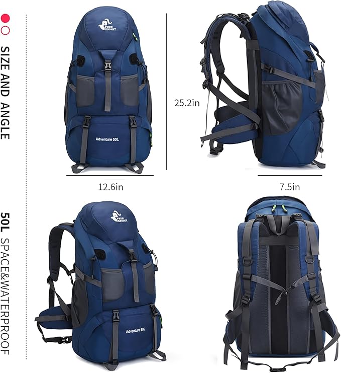 Bseash 50L Hiking Backpack, Water Resistant Lightweight Outdoor Sport Daypack Travel Bag for Camping Climbing Touring (Navy Blue - With Shoe Compartment)