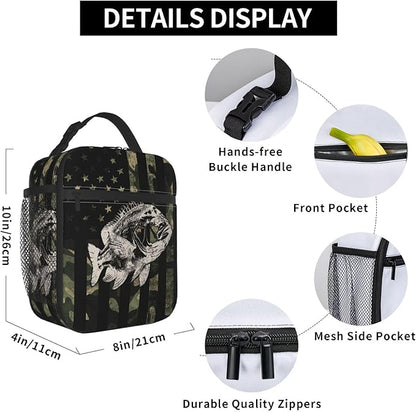 Fishing Camouflage American Flag Bass Lunch Box, Portable Insulated Lunch Bag with Detachable Handle,Reusable Lunchbox for Boys Girls Men Women Adults