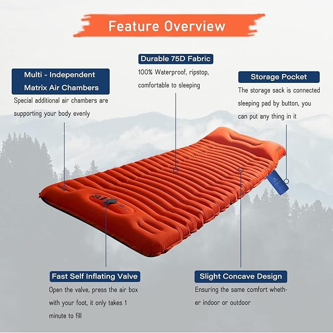 Easthills Outdoors Camping Sleeping Pad - 4.0 Inch Thick Ultralight Camping Mattress - Lightweight Self Inflating Sleeping Pad for Camping, Hiking, Backpacking Orange/Blue