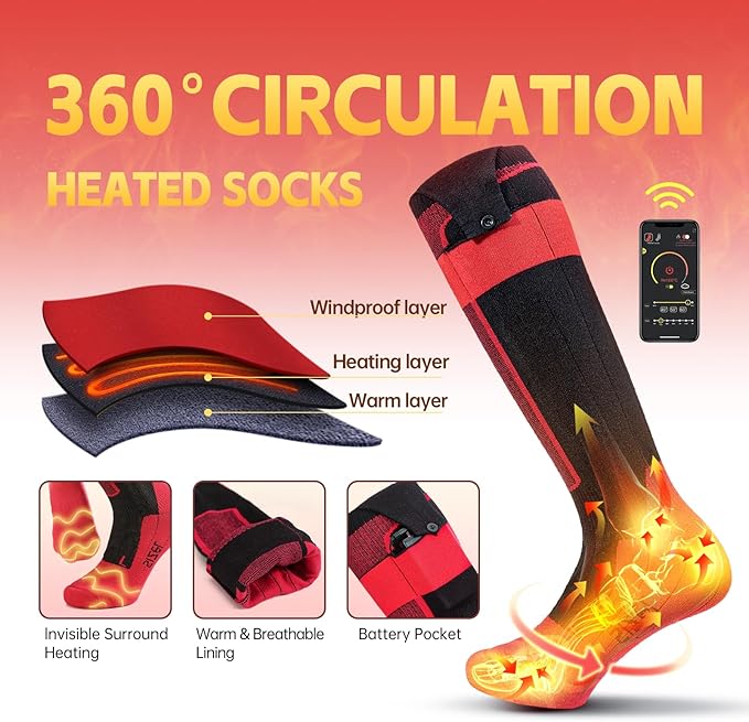 Heated Socks, Rechargeable 10000mah Battery Heated Socks for Men Women, Upgraded Washable Electric Thermal Warming Socks, App Control Winter Feet Warmer for Camping Hiking Skiing Outdoors