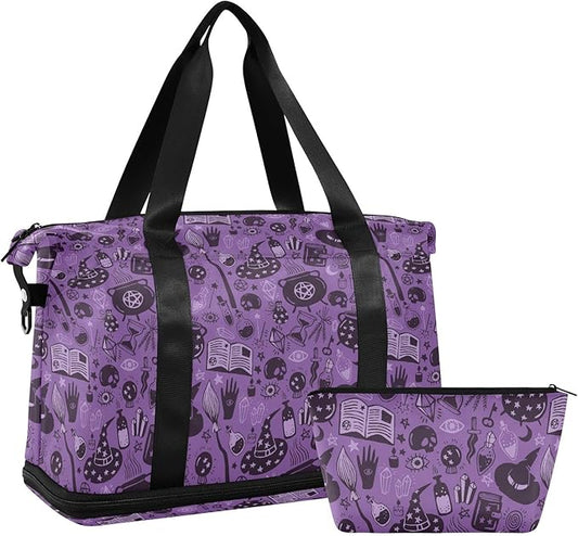 Halloween Witch Sports Gym Bag with Waterproof Dry Wet Pocket, Travel Duffel Bag for Women Men，Workout Bag Fits Yoga, Swimming