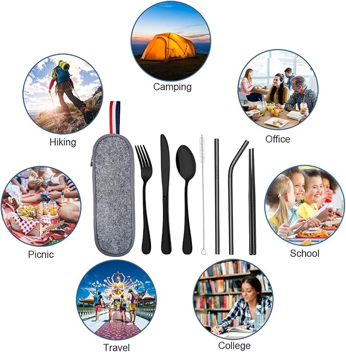 Travel Utensils with Case, E-far 8-Piece Reusable Camping Silverware Set, Portable Stainless Steel Cutlery Flatware Set Includes Knife, Fork, Spoon, Chopsticks, Straws, Cleaning Brush (Black)