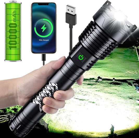 Super Bright LED Flashlight, 3600000 High Lumen Rechargeable Flashlights with Long Handle, 10000mAh Battery, Zoomable 5 Modes for Outdoor Camping, Emergencies