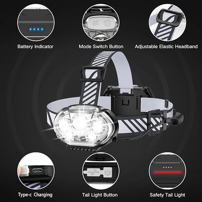 Rechargeable Headlamp, 20000 High Lumen Bright 5 LED Head Lamp with Red White Light, IPX4 Waterproof Headlight,8 Mode Head Flashlight for Outdoor Running Hunting Fishing Hiking Camping Gear