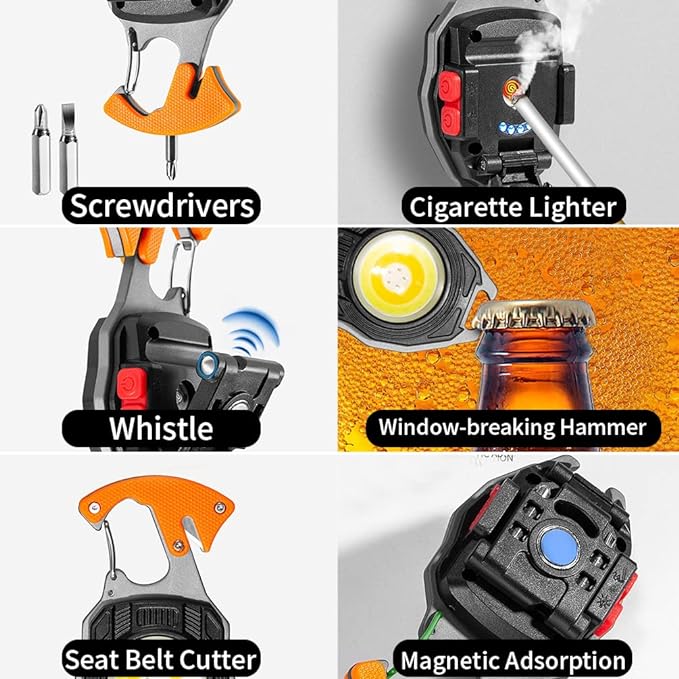 LED Small Flashlight Multitool, Rechargeable Keychain Light, COB Multi-Function Mini Work Light, 500 Lumens, 7 Lighting Modes with Electric Lighter, Seat Belt Cutter, Screwdriver, Whistle