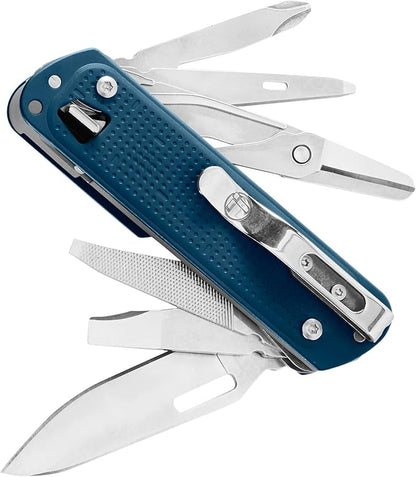 LEATHERMAN, FREE T4 Multitool and EDC Knife with Magnetic Locking and One Hand Accessible, Made in the USA, Stainless, Navy
