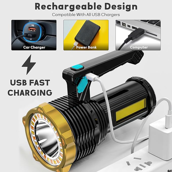 Super Bright LED Flashlight with 8 Modes, USB Rechargeable, Wall-Mounted & Portable - Ideal for Outdoor Camping, COB Work, Long-Range Search - Flashlight for Camping and Emergency Use