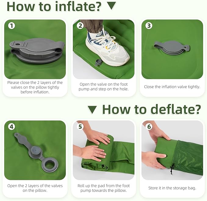 Sleeping Pad Camping, Self Inflating 6'' Extra-Thick with Pillow Built-in Foot Pump Waterproof Inflatable Sleeping Mat Backpacking, Tent, Hiking, Portable Camping Pad (Green)