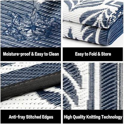 Outdoor Plastic Straw Rug, Waterproof Mat, Washable Large Floor Mat and Rug for Outdoors, RV, Beach, Patio, Camping, Backyard, Deck, Picnic,Indoor Outside (8x10ft,Olive-Leaf/Dark Blue&White)