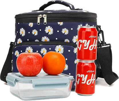 Insulated Lunch Bag for Adult/Women/Men, Reusable Large Lunch Box Cooler Soft Leakproof Tote, Thermal Meal Prep Lunch Pail with Adjustable Shoulder Strap for School/Travel/Office, Daisy