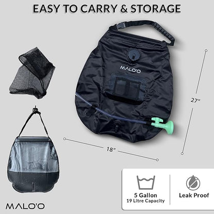 Malo'o 5 gallon/20L Portable Solar Shower Bag, Solar Heating Camping Shower Bag with Removable Hose and On-Off Switchable Shower Head for Camping Gear, Surfing, Beach, Swimming, Outdoor Travel, hiking