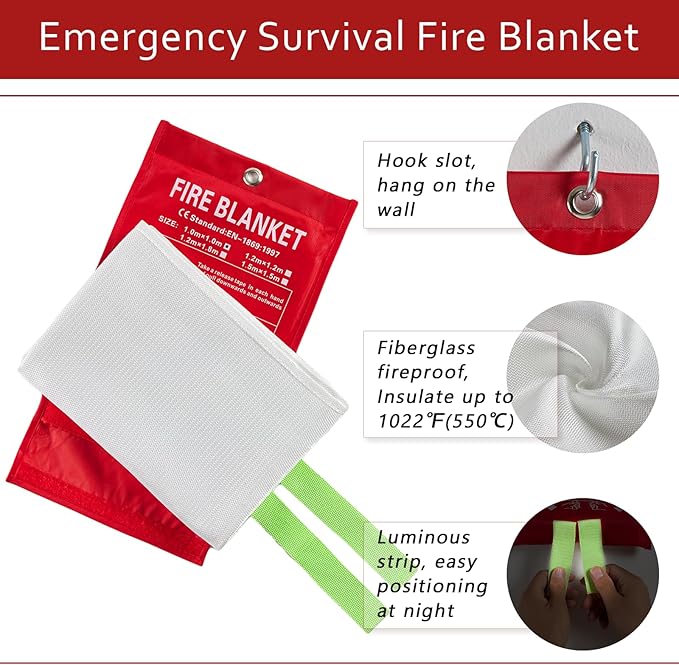 Emergency Fire Blanket for Home and Kitchen, Fire Extinguishers for Home, Fiberglass Fire Suppression Blanket with Luminous Strip for Fireplace, Car, Camping, Picnic, Grill (2, 40''x40'')