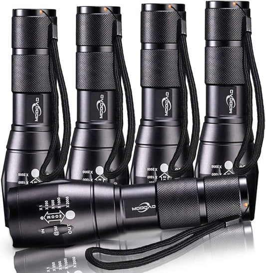 MODOAO 1500LM LED Flashlight Waterproof Zoomable Tactical Flashlight with 5 Light Modes for Hiking, Camping, Emergency (5 Pack-A)