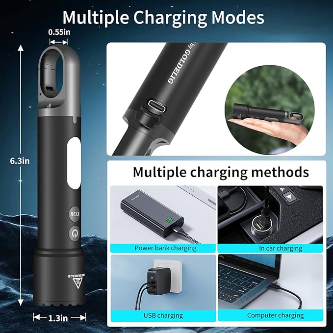 Rechargeable Flashlight, High Lumens LED Flashlight with COB Red Light, Multi Color Powerful Flashlight with Hook for Kids Camping、Outdoors Work, Gifts for Christmas Birthday Men&Women