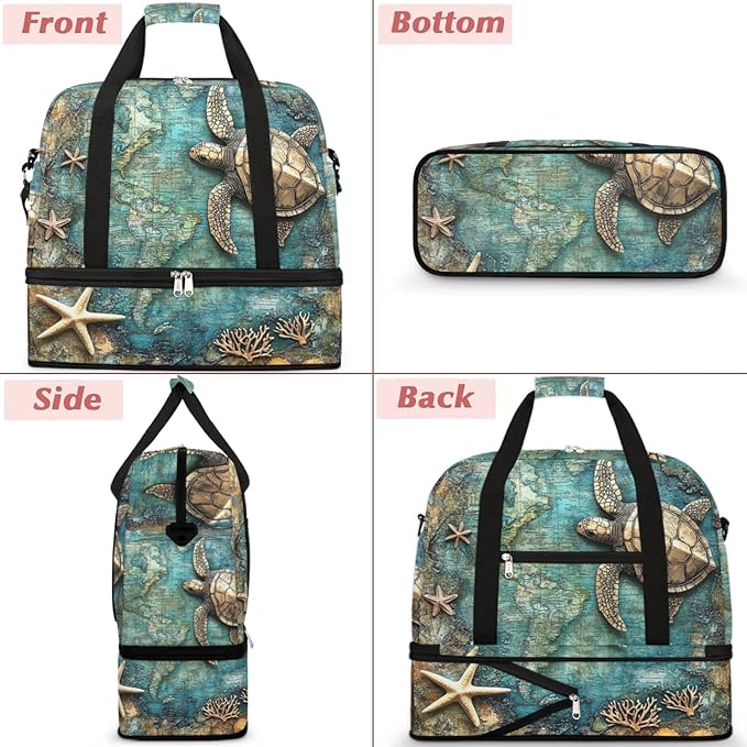 Foldable Travel Duffel Bag, Expandable Weekender Overnight Carry on Bags with Shoe Compartment Sport Tote Gym Luggage for Women Men, Turtle