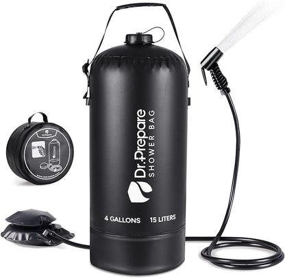 DR.PREPARE Camping Shower, 4 Gallons/5 Gallons Portable Camp Shower with Foot Pump, Dual Shower Options, Large Water Inlet, Portable Outdoor Shower for Camping, Beach, Hiking, Climbing