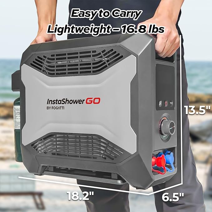 FOGATTI Portable Gas Water Heater, InstaShower GO, Propane, 19,000 BTU, with 5000mAh Rechargeable Built-in Battery, DC 12V, Outdoor Camping Shower with Tip-Over Protection, Safety Shutoff
