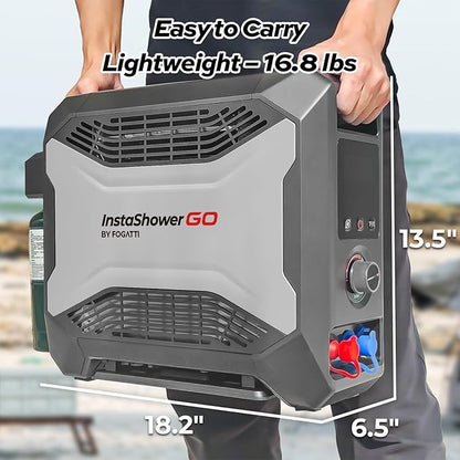 FOGATTI Portable Gas Water Heater, InstaShower GO, Propane, 19,000 BTU, with 5000mAh Rechargeable Built-in Battery, DC 12V, Outdoor Camping Shower with Tip-Over Protection, Safety Shutoff