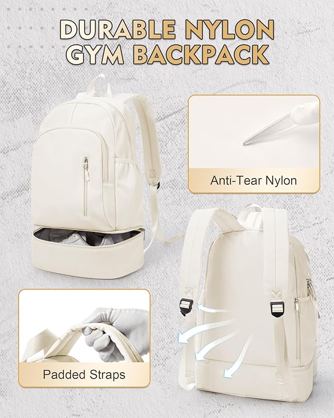 Gym Backpack for Women Men, Lightweight Gym Bag with Shoe Compartment, Waterproof Sports Backpack with Wet Pocket for Yoga Fitness Sports, Beige