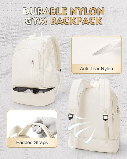 Gym Backpack for Women Men, Lightweight Gym Bag with Shoe Compartment, Waterproof Sports Backpack with Wet Pocket for Yoga Fitness Sports, Beige