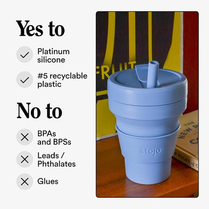 STOJO Collapsible Travel Cup With Straw - Steel Blue, 16oz / 470ml - Reusable To-Go Pocket Size Silicone Bottle for Hot and Cold Drinks - Perfect for Camping and Hiking - Microwave & Dishwasher Safe