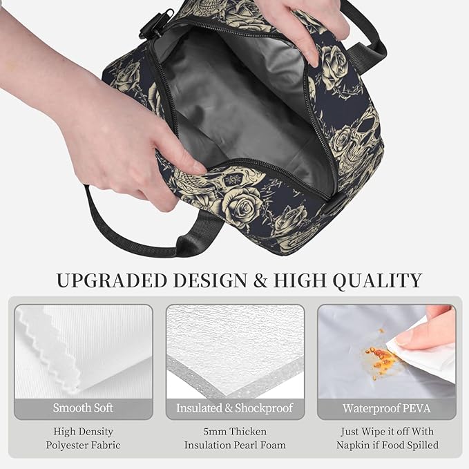 bassyil Skull Insulated Lunch Bag Reusable Lunch Box With Adjustable Shoulder Strap Cooler Tote Bag For Men Women