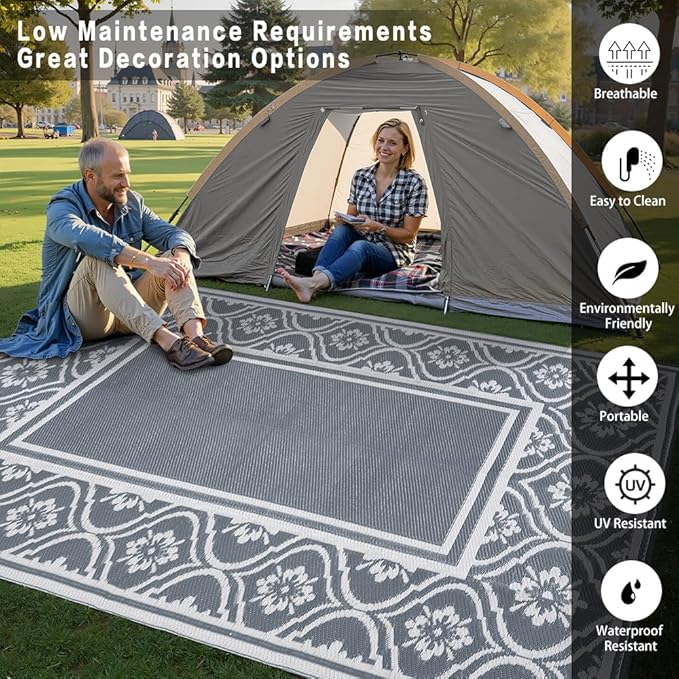 Outdoor Rug 8x10 Patio Waterproof Mat Camping Carpet Outside Area Rug Reversible Grey Rugs for RV Deck Entryance Porch Picnic Balcony Beach
