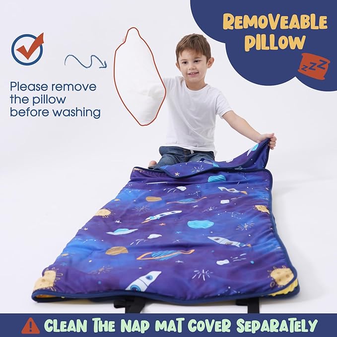 COSMOPLUS Toddler Nap Mat for Daycare: Kids Sleeping Bag with Pillow and Blanket Set for Preschool Kindergarten Boys Girls Travel Naptime Extra Long Thick Padded Easy Roll up