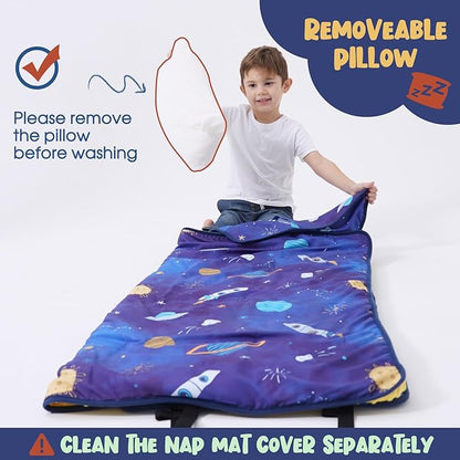 COSMOPLUS Toddler Nap Mat for Daycare: Kids Sleeping Bag with Pillow and Blanket Set for Preschool Kindergarten Boys Girls Travel Naptime Extra Long Thick Padded Easy Roll up