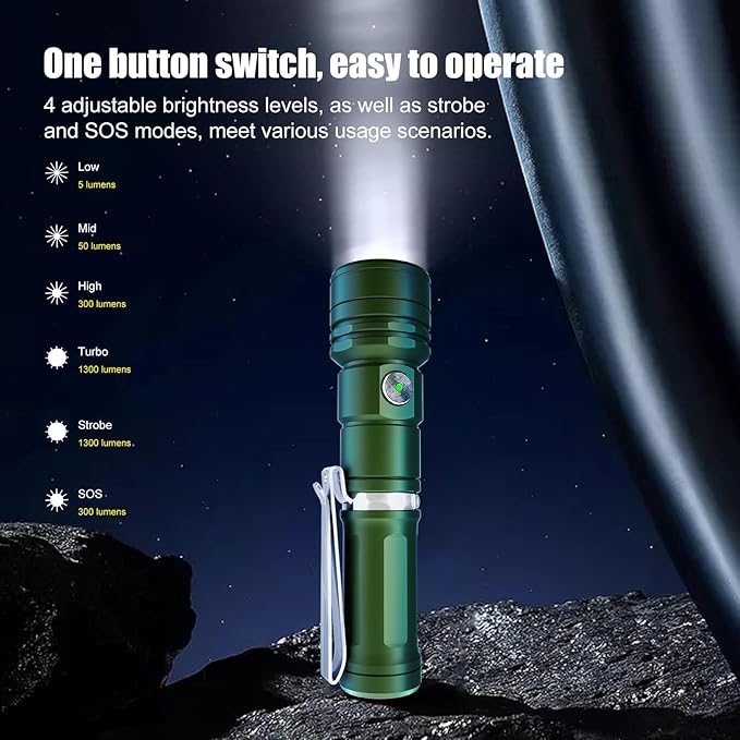 CYANSKY Rechargeable Flashlight,Super Bright,Flashlights High Lumens, Small EDC Flashlights for Emergencies,with Magnetic Base,IP68 Waterproof Flash Light for Camping,Hiking,Outdoor,Home (Green)