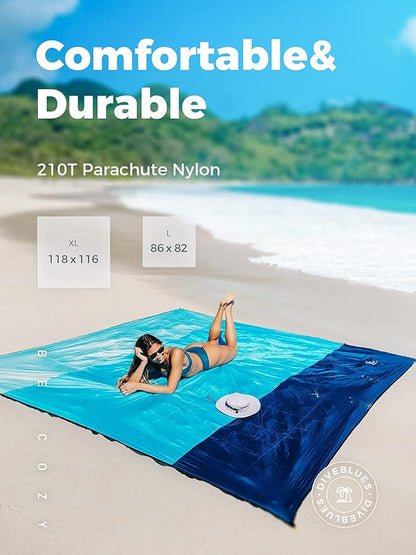 OCOOPA Beach Blanket, Sand Free, Large Oversized Beach Blanket, Comfortable Parachute Nylon, Cozy& Chic, Compact& Light, Reinforced Windproof, 4 Stakes&1 Travel Bag, S09