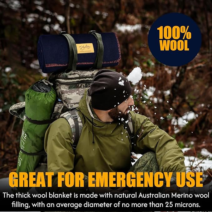 100% Wool Blanket, 62" x 86", Warm, Thick, Washable, Military Wool Blanket, Great for Camping, Outdoors, Sporting Events, Survival Kits